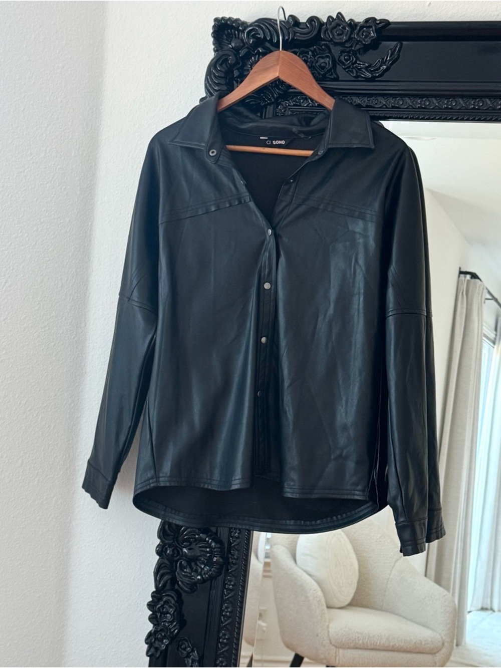 Ci Sono | Women’s Black Faux Leather Button Front Collared Shirt Jacket